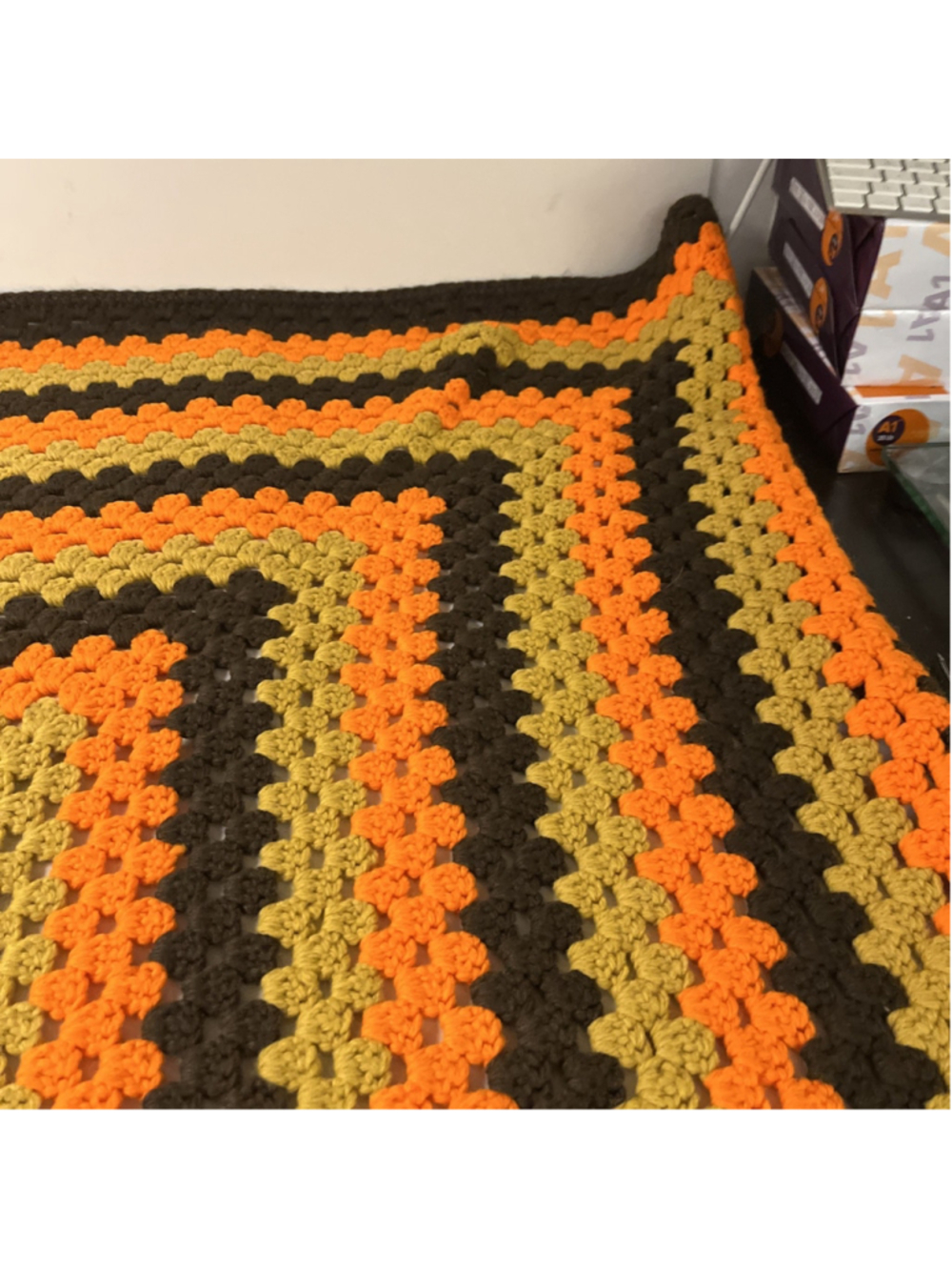 VTG 70s Crochet Afghan Blanket Throw Orange Brown Yellow Retro Handmade 55x55 - Picture 4 of 6